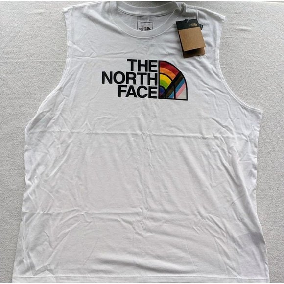 Mens The North Face Pride Cut Off Tank Top Size XL White Rainbow LGBTQ+ Logo NEW - Picture 3 of 3